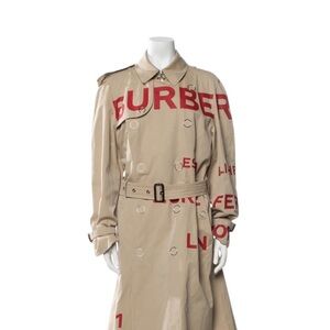 Burberry Tan Trench Coat with Bold Red Lettering